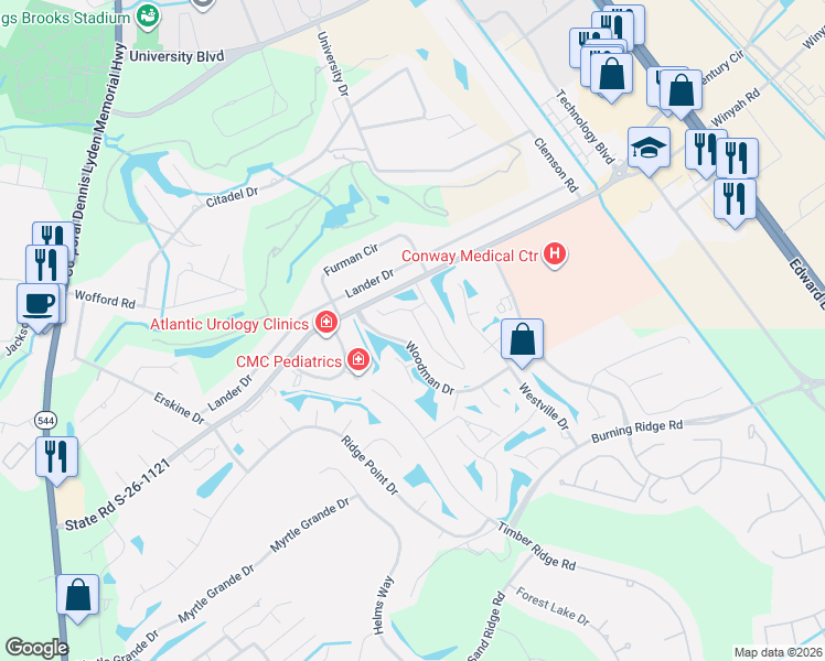 map of restaurants, bars, coffee shops, grocery stores, and more near 380K Myrtle Greens Drive in Conway