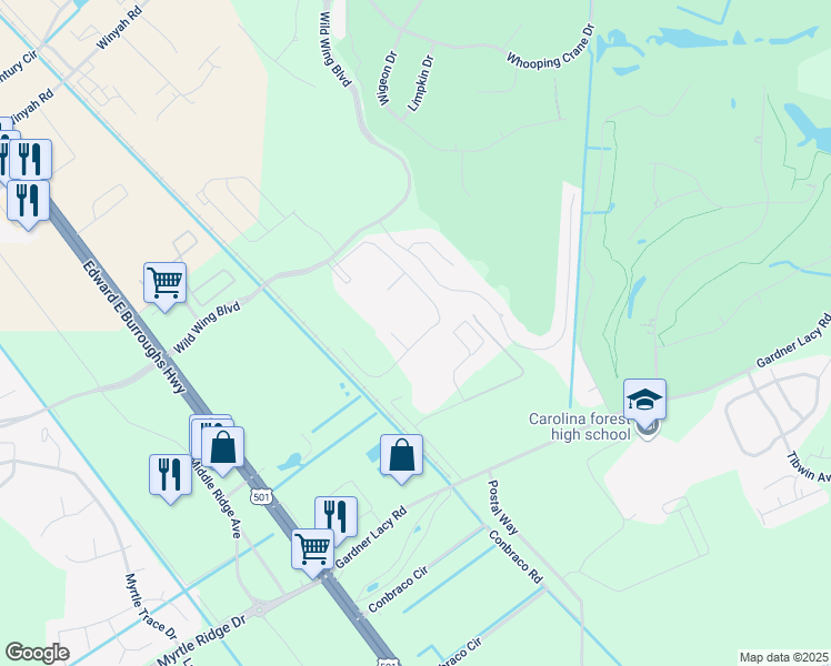 map of restaurants, bars, coffee shops, grocery stores, and more near 332 Wild Wing Boulevard in Conway