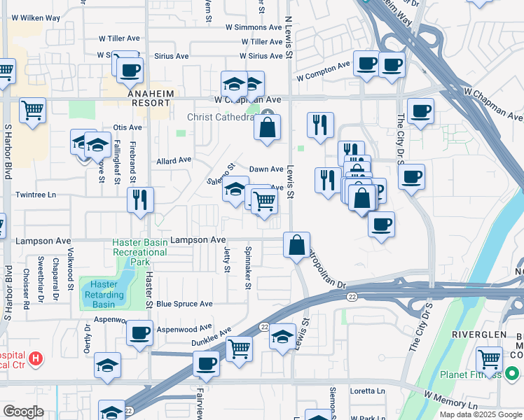 map of restaurants, bars, coffee shops, grocery stores, and more near 12397 South Lewis Street in Garden Grove