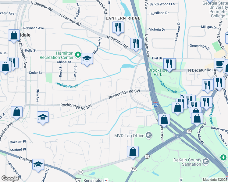 map of restaurants, bars, coffee shops, grocery stores, and more near 3440 Burdett Court in Avondale Estates