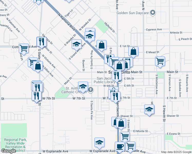 map of restaurants, bars, coffee shops, grocery stores, and more near 361 West 5th Street in San Jacinto