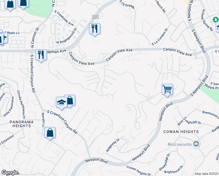 map of restaurants, bars, coffee shops, grocery stores, and more near 6425 East Nance Circle in Orange