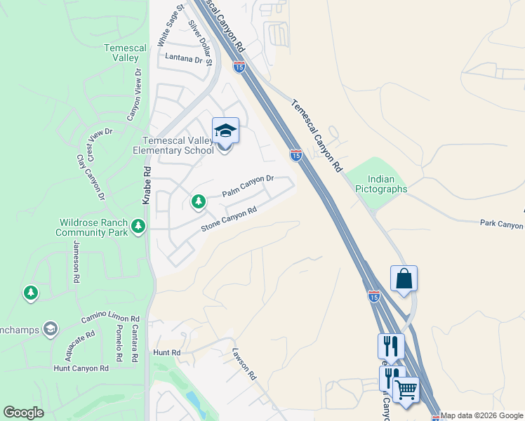map of restaurants, bars, coffee shops, grocery stores, and more near 9399 Stone Canyon Road in Corona