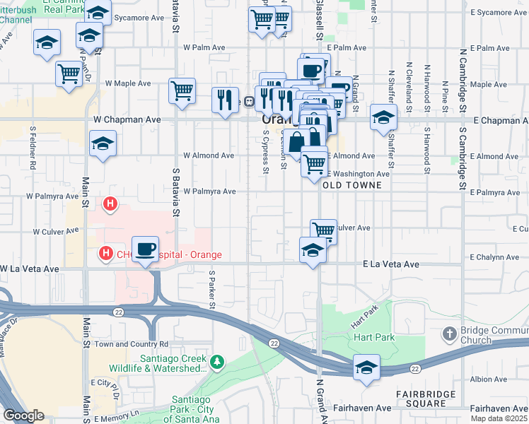 map of restaurants, bars, coffee shops, grocery stores, and more near 402 West Kelly Avenue in Orange