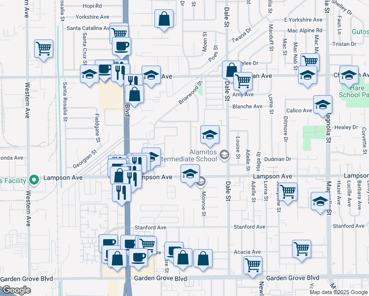map of restaurants, bars, coffee shops, grocery stores, and more near 12331 Arrowhead Street in Stanton
