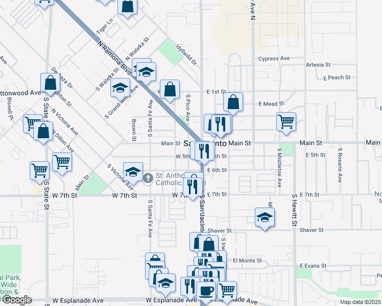 map of restaurants, bars, coffee shops, grocery stores, and more near 175 West 5th Street in San Jacinto