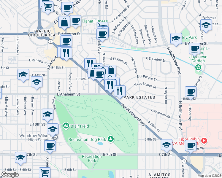 map of restaurants, bars, coffee shops, grocery stores, and more near 5199 California 1 in Long Beach