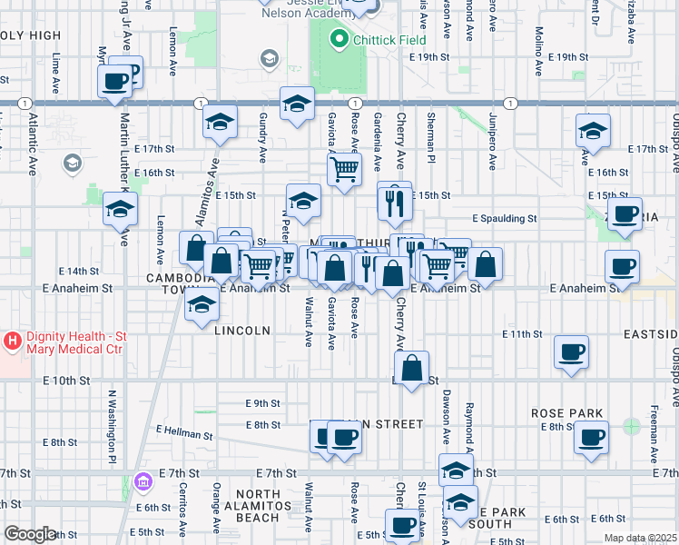 map of restaurants, bars, coffee shops, grocery stores, and more near 1324 Gaviota Avenue in Long Beach
