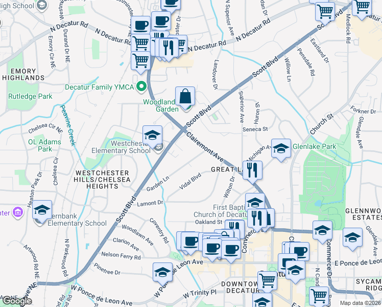 map of restaurants, bars, coffee shops, grocery stores, and more near 123 Garden Lane in Decatur
