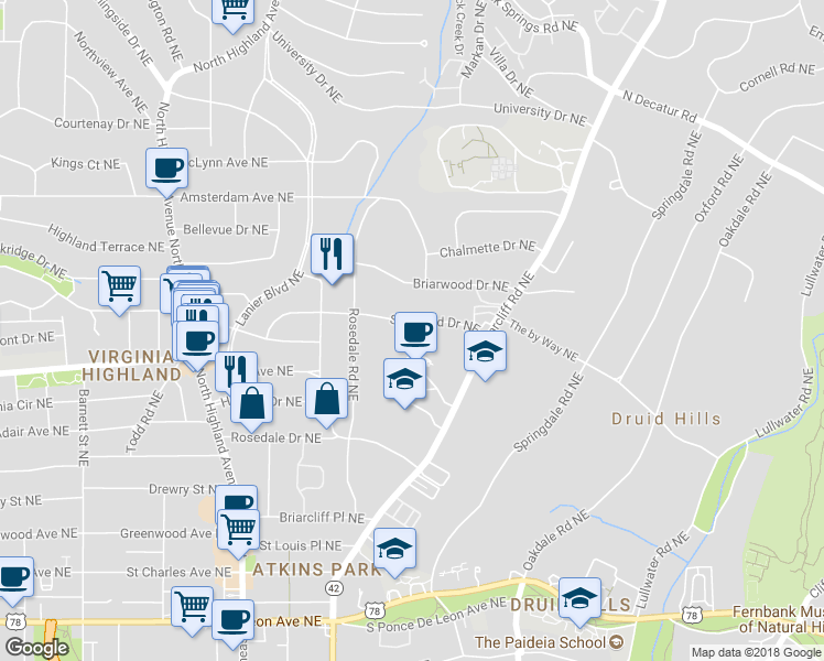 map of restaurants, bars, coffee shops, grocery stores, and more near 1261 Stillwood Drive Northeast in Atlanta