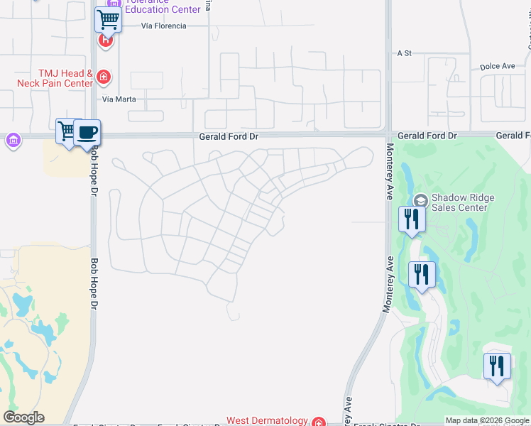 map of restaurants, bars, coffee shops, grocery stores, and more near 73705 Gerald Ford Drive in Palm Desert