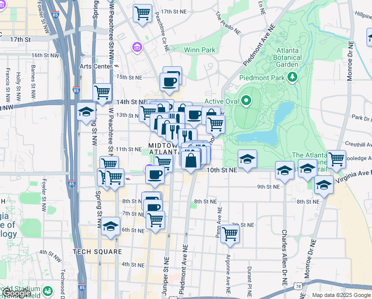 map of restaurants, bars, coffee shops, grocery stores, and more near 191 11th Street Northeast in Atlanta