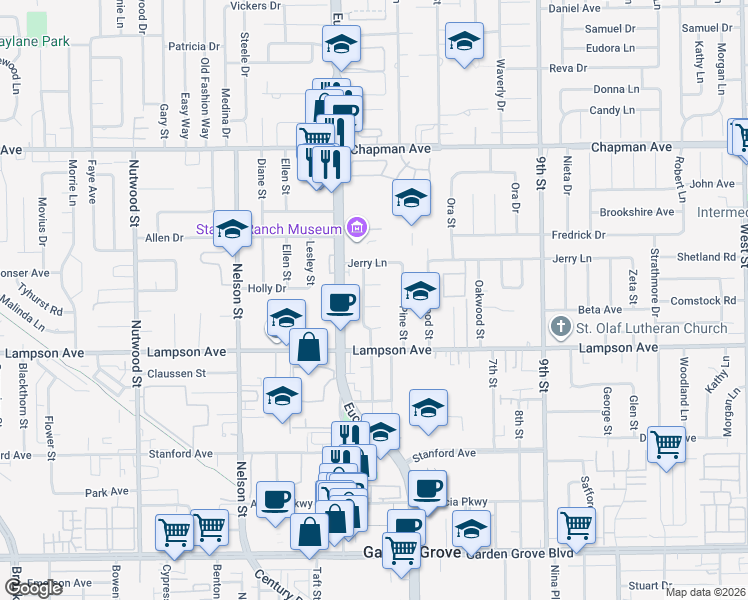 map of restaurants, bars, coffee shops, grocery stores, and more near 11081 Iris Drive in Garden Grove
