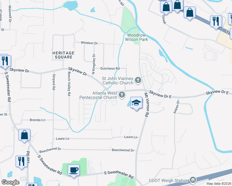 map of restaurants, bars, coffee shops, grocery stores, and more near 2970 Skyview Drive in Lithia Springs