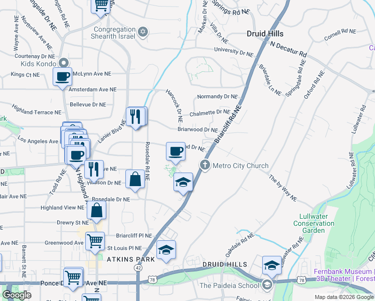 map of restaurants, bars, coffee shops, grocery stores, and more near 1297 Stillwood Drive Northeast in Atlanta