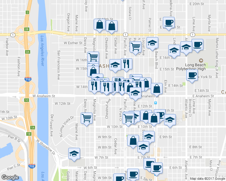 map of restaurants, bars, coffee shops, grocery stores, and more near 1325 Cedar Avenue in Long Beach