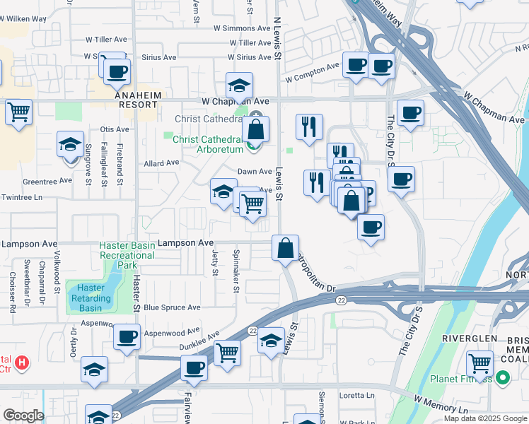 map of restaurants, bars, coffee shops, grocery stores, and more near 12371 South Lewis Street in Garden Grove