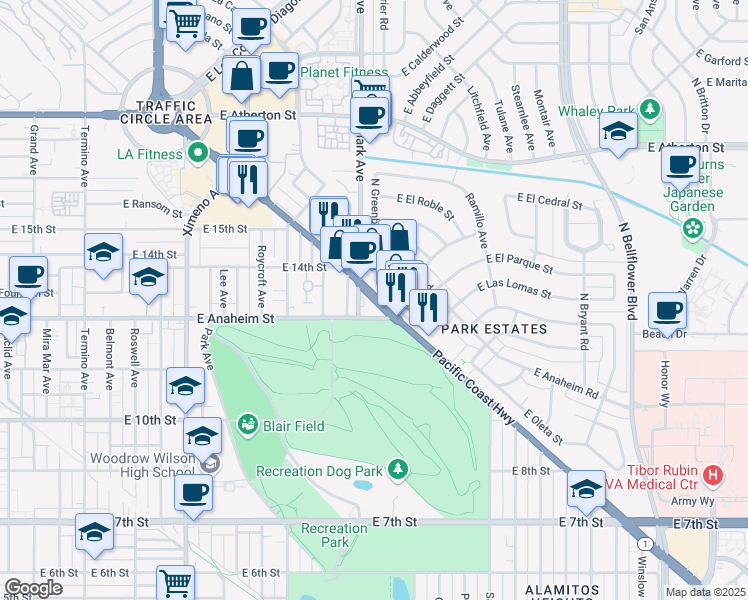 map of restaurants, bars, coffee shops, grocery stores, and more near 5150 Pacific Coast Highway in Long Beach