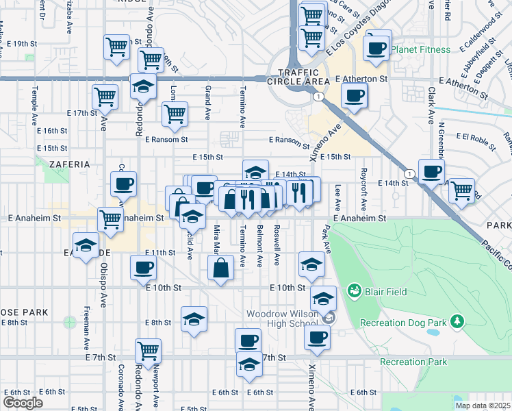 map of restaurants, bars, coffee shops, grocery stores, and more near 4118 East Fountain Street in Long Beach