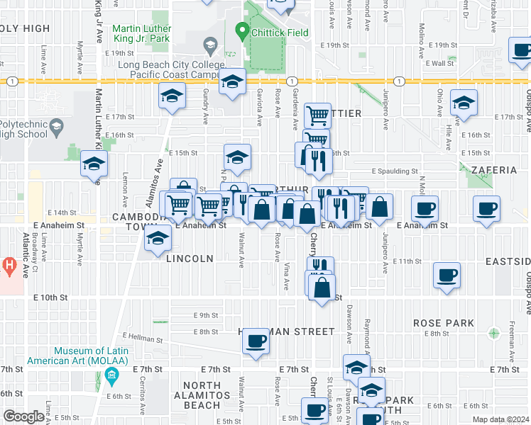 map of restaurants, bars, coffee shops, grocery stores, and more near 1328 Gaviota Avenue in Long Beach