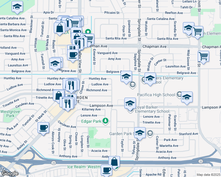 map of restaurants, bars, coffee shops, grocery stores, and more near 6241 Richmond Avenue in Garden Grove
