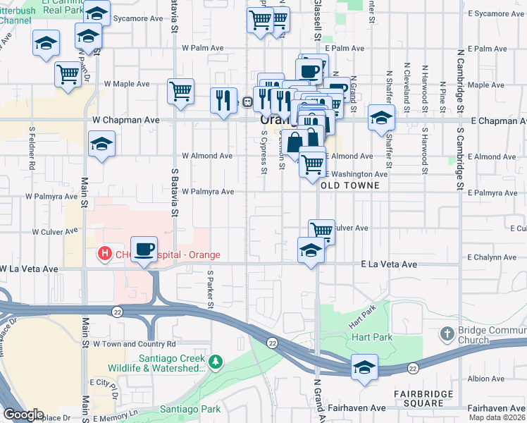 map of restaurants, bars, coffee shops, grocery stores, and more near 402 West Kelly Avenue in Orange