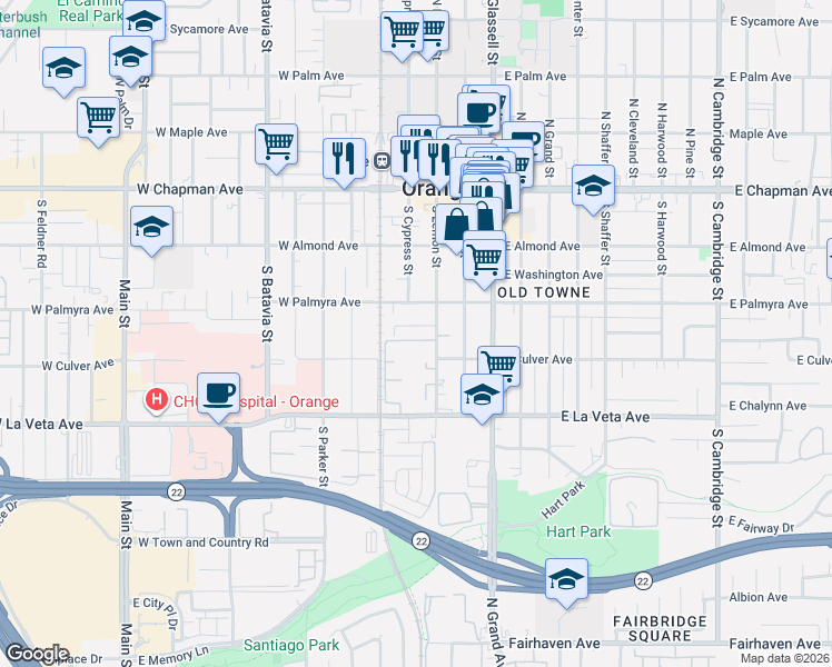 map of restaurants, bars, coffee shops, grocery stores, and more near 402 West Kelly Avenue in Orange