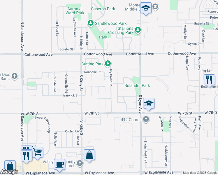 map of restaurants, bars, coffee shops, grocery stores, and more near 426 Ivy Crest Drive in San Jacinto