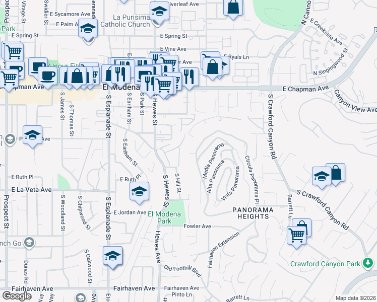map of restaurants, bars, coffee shops, grocery stores, and more near 12302 Circula Panorama Place in Santa Ana