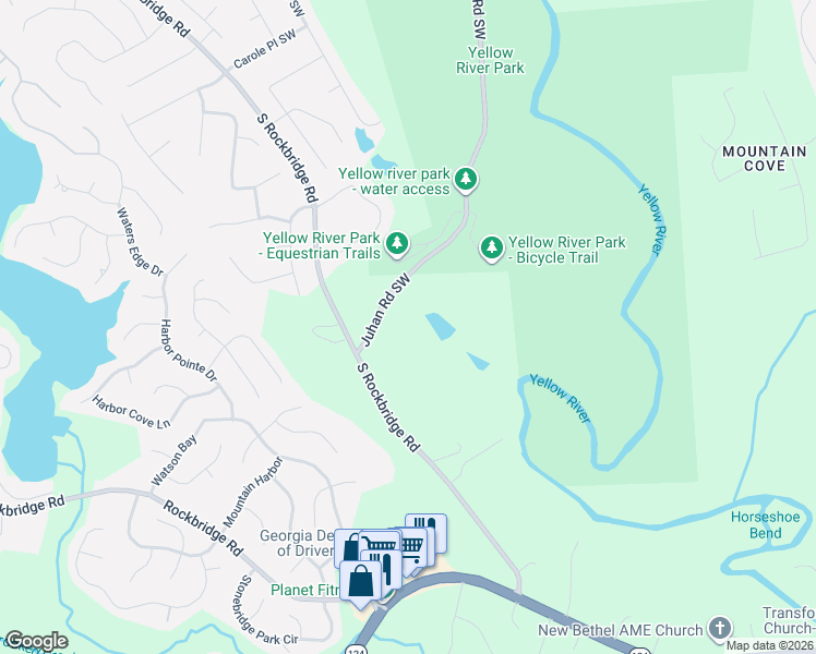 map of restaurants, bars, coffee shops, grocery stores, and more near 3686 Juhan Road Southwest in Stone Mountain
