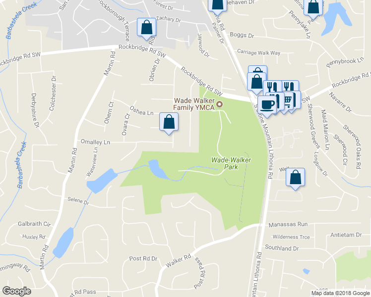 map of restaurants, bars, coffee shops, grocery stores, and more near 511 Rock Meadow Drive in Stone Mountain