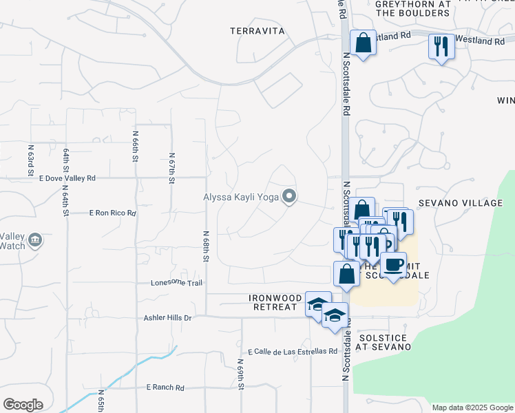 map of restaurants, bars, coffee shops, grocery stores, and more near 32825 North 69th Street in Scottsdale