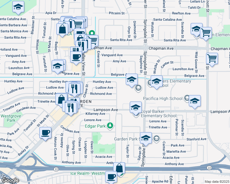 map of restaurants, bars, coffee shops, grocery stores, and more near 6241 Richmond Avenue in Garden Grove