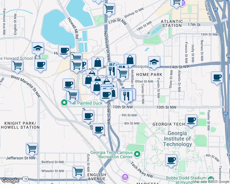 map of restaurants, bars, coffee shops, grocery stores, and more near 1043 Hampton Street Northwest in Atlanta