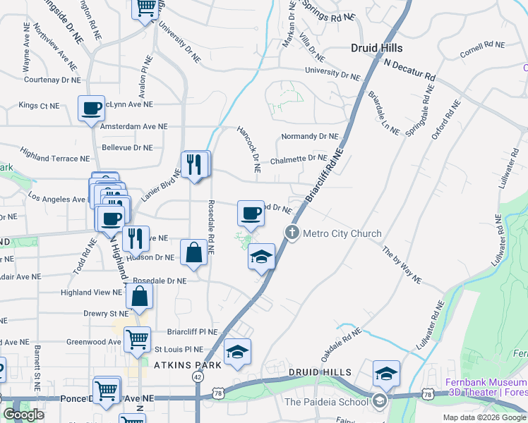map of restaurants, bars, coffee shops, grocery stores, and more near 1291 Stillwood Drive Northeast in Atlanta