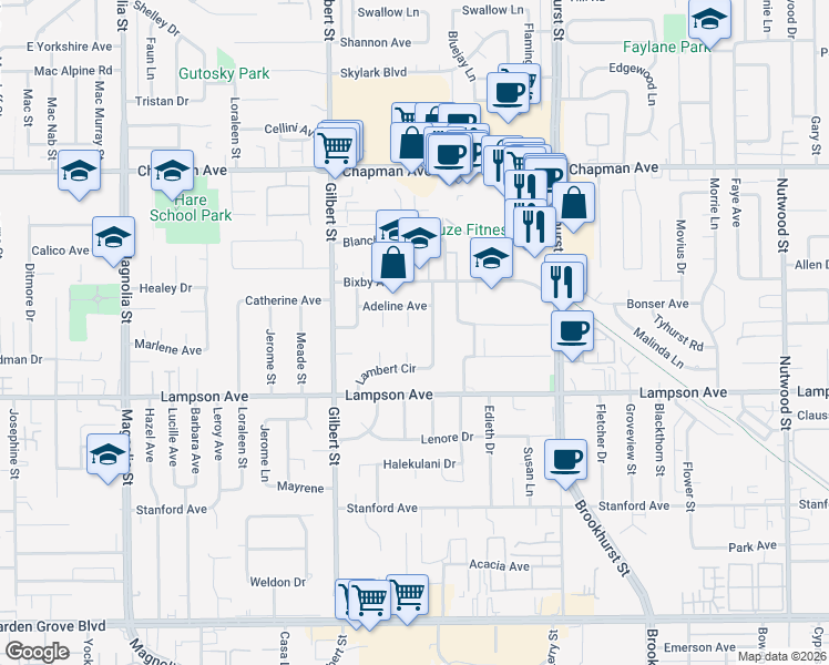 map of restaurants, bars, coffee shops, grocery stores, and more near 12342 Rea Circle in Garden Grove