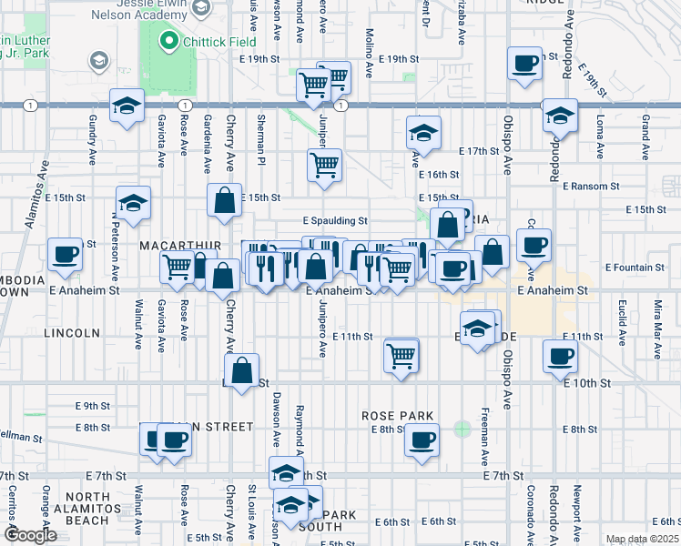 map of restaurants, bars, coffee shops, grocery stores, and more near 2435 East Anaheim Street in Long Beach
