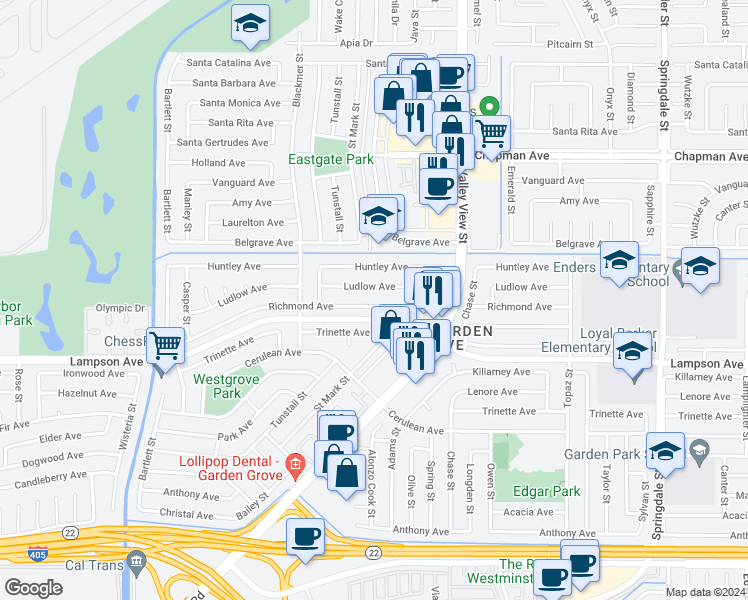 map of restaurants, bars, coffee shops, grocery stores, and more near 5781 Richmond Avenue in Garden Grove