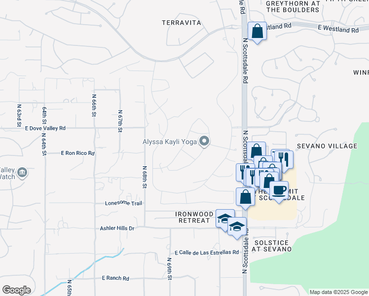 map of restaurants, bars, coffee shops, grocery stores, and more near 6910 East Bramble Berry Lane in Scottsdale