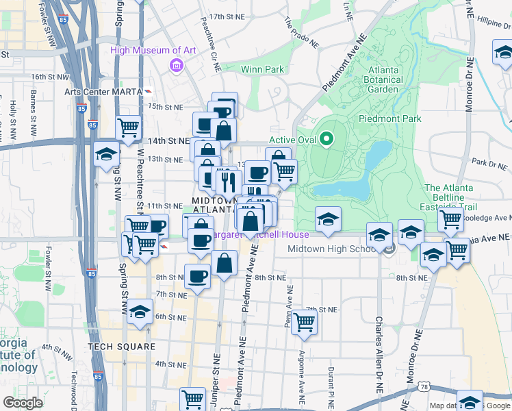 map of restaurants, bars, coffee shops, grocery stores, and more near 191 11th Street Northeast in Atlanta