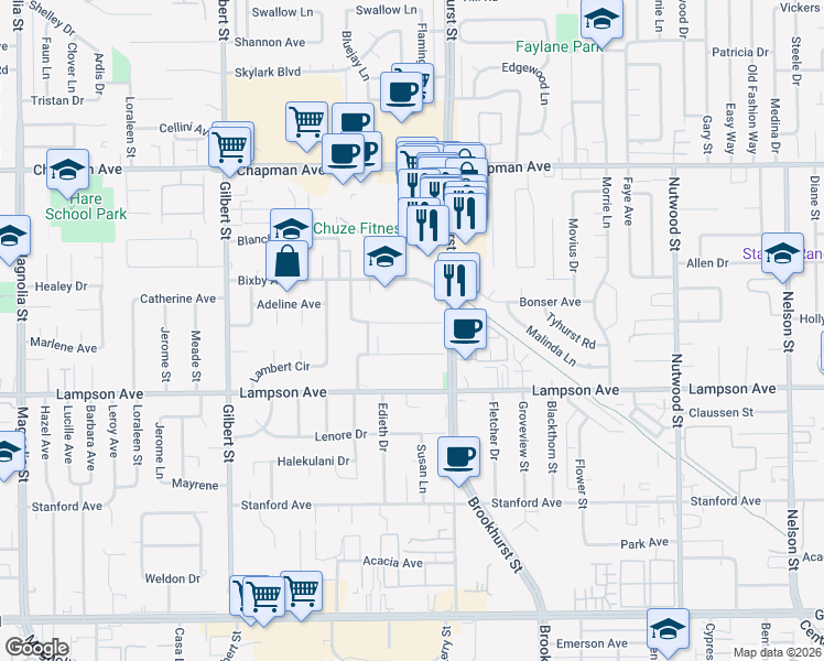 map of restaurants, bars, coffee shops, grocery stores, and more near 9896 William Dalton Way in Garden Grove