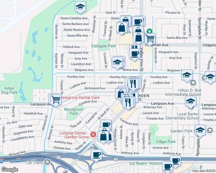 map of restaurants, bars, coffee shops, grocery stores, and more near 5721 Richmond Avenue in Garden Grove