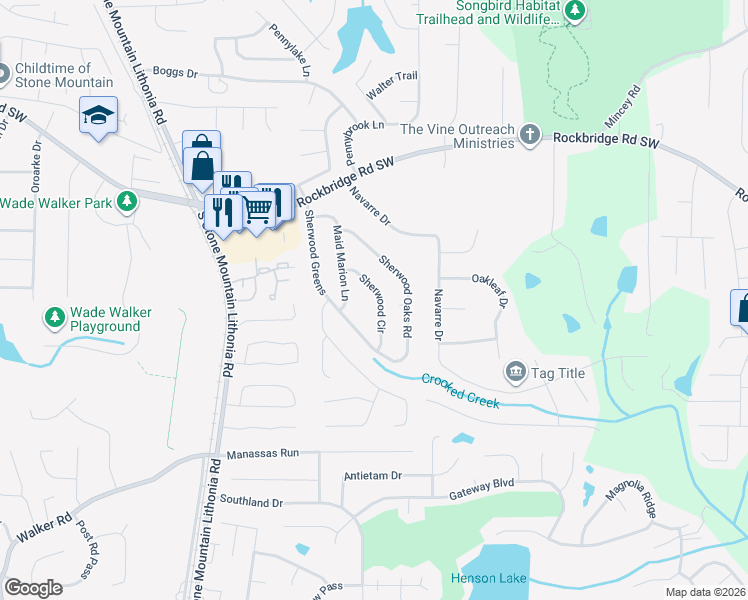 map of restaurants, bars, coffee shops, grocery stores, and more near 470 Sherwood Circle in Stone Mountain
