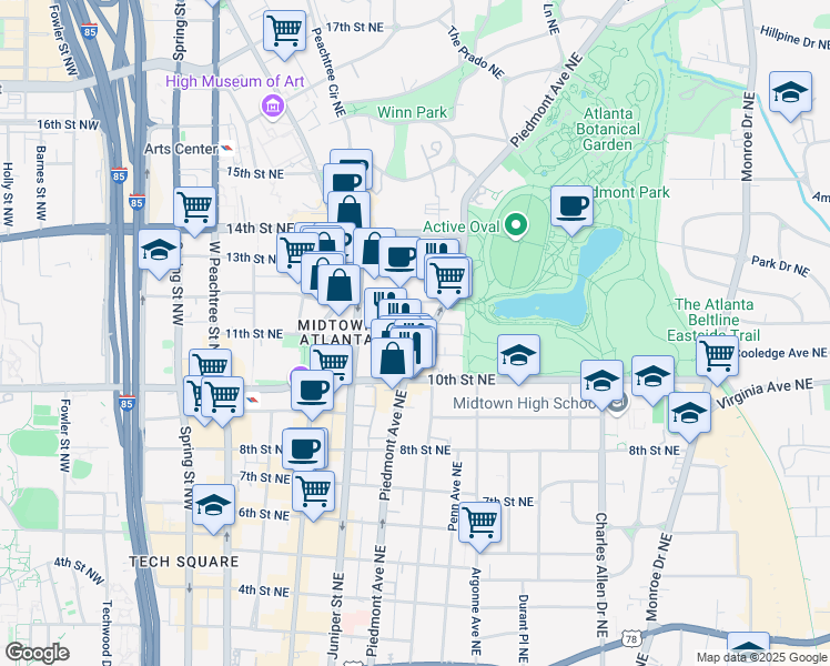 map of restaurants, bars, coffee shops, grocery stores, and more near 1050 Piedmont Avenue Northeast in Atlanta