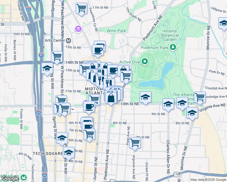 map of restaurants, bars, coffee shops, grocery stores, and more near 206 11th Street Northeast in Atlanta