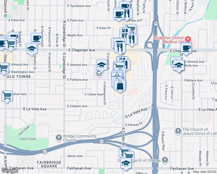 map of restaurants, bars, coffee shops, grocery stores, and more near 360 Greengrove Drive in Orange