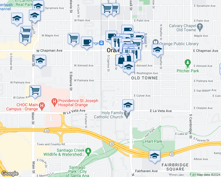 map of restaurants, bars, coffee shops, grocery stores, and more near 402 West Kelly Avenue in Orange