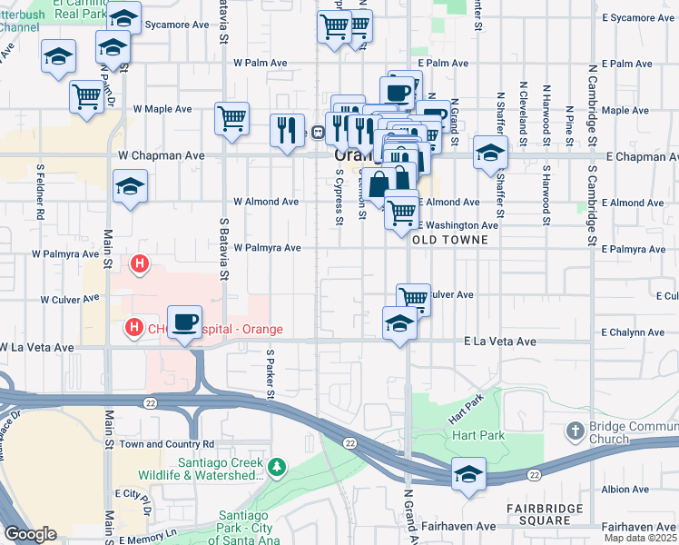 map of restaurants, bars, coffee shops, grocery stores, and more near 402 West Kelly Avenue in Orange