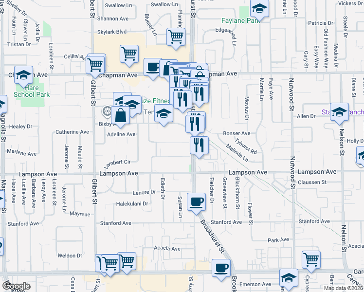 map of restaurants, bars, coffee shops, grocery stores, and more near 9901 Beverly Lane in Garden Grove