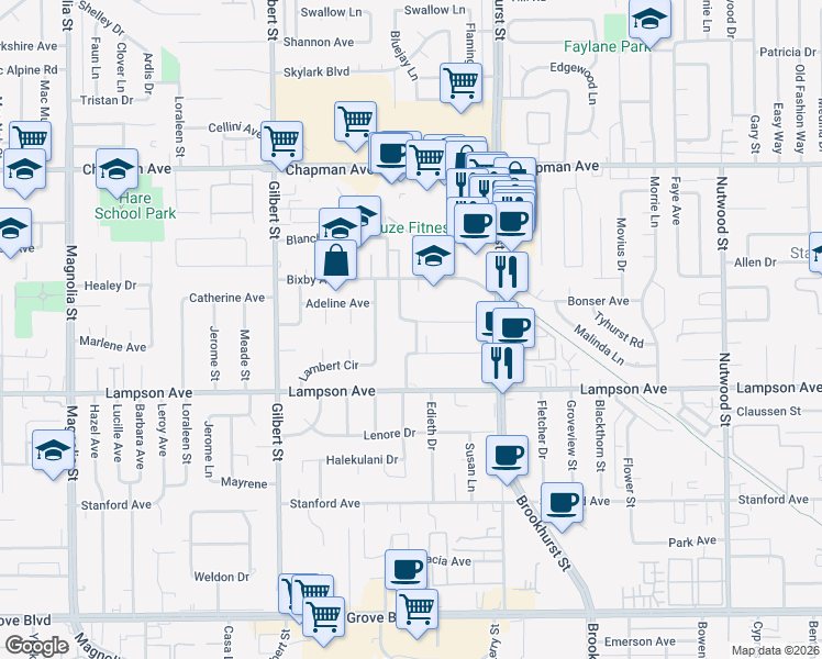 map of restaurants, bars, coffee shops, grocery stores, and more near 9811 Beverly Lane in Garden Grove